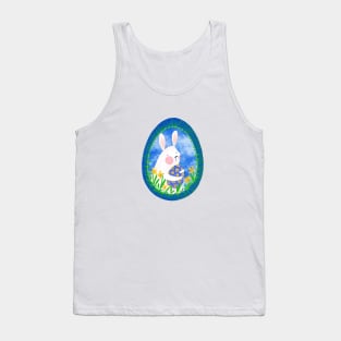 Cute white bunny with floral easter egg decoration on blue sky, version 1 Tank Top